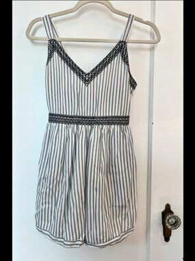 Coastal Boho Romper | Blue White Stripe Navy Embroidery | Size S/XS
